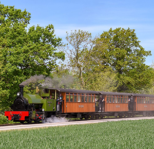 Image shows a steam train on the track at Statfold Railway, chugging past the tall trees on a sunny day